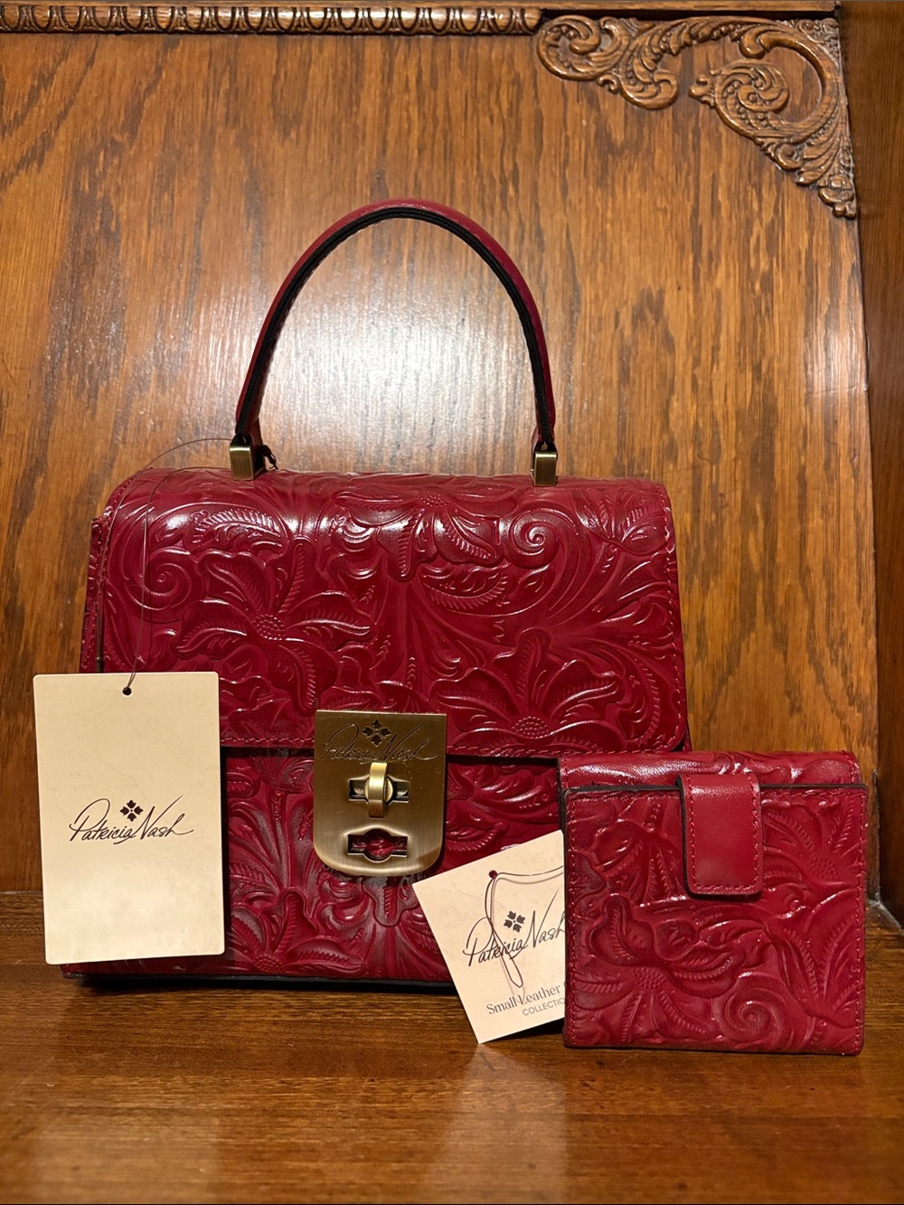 NWT-Patricia Nash-SET-Tooled Leather Chauny Satchel & Astra Wallet-BerryRed-$348
